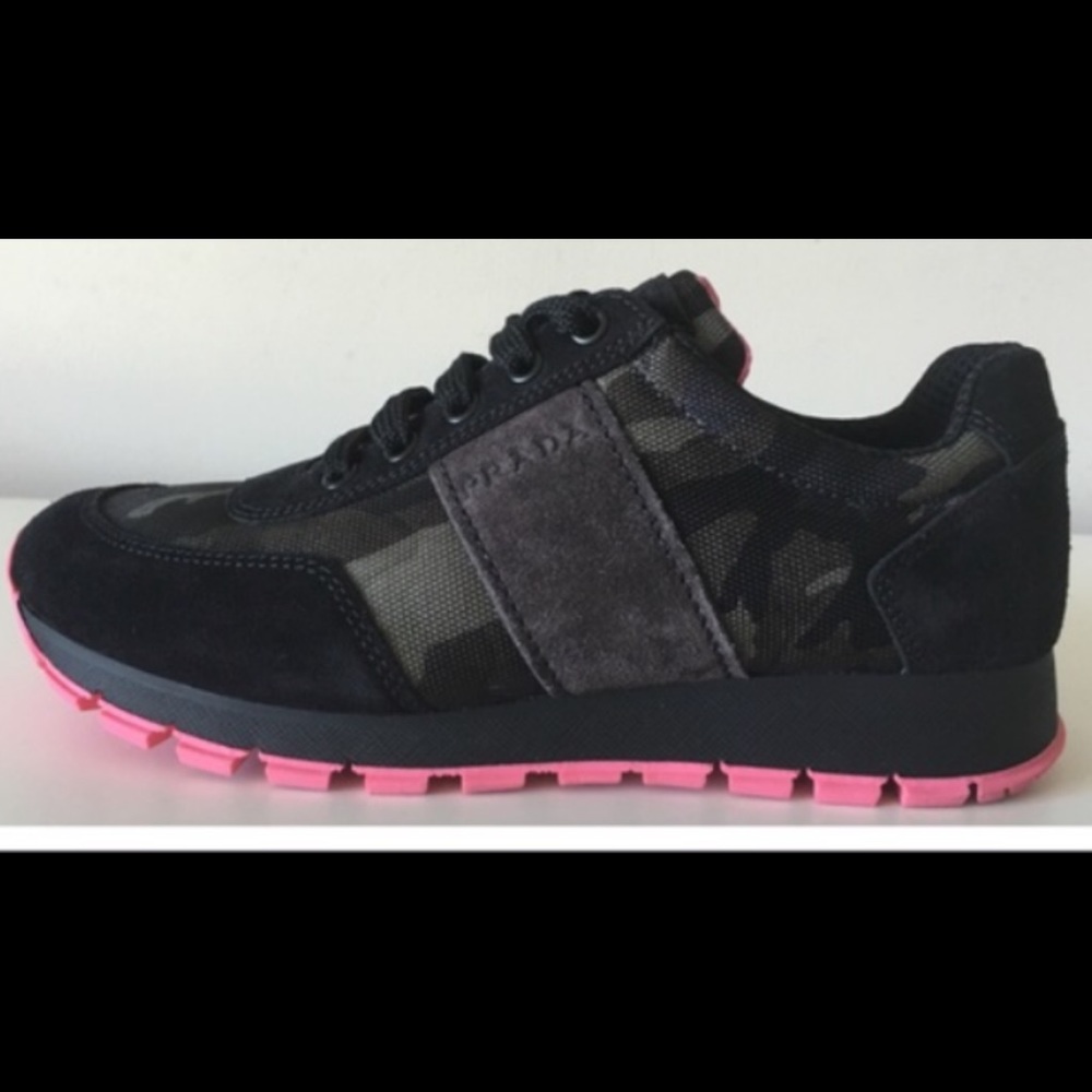 💖PRADA💖Camo Sneaker Grey/Black suede & Pink sole